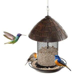 Outdoor Metal Mesh Tube Bird Feeder with Perch and Roof